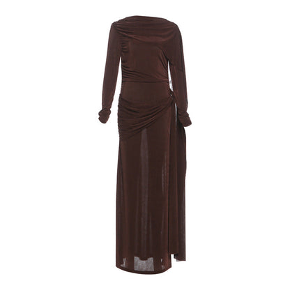 Solid Color A-Line Maxi Dress With Ruffled Ties