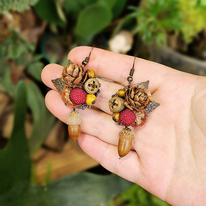 Rustic Leaf Acorn Earrings Handmade Floral Wooden Jewelry