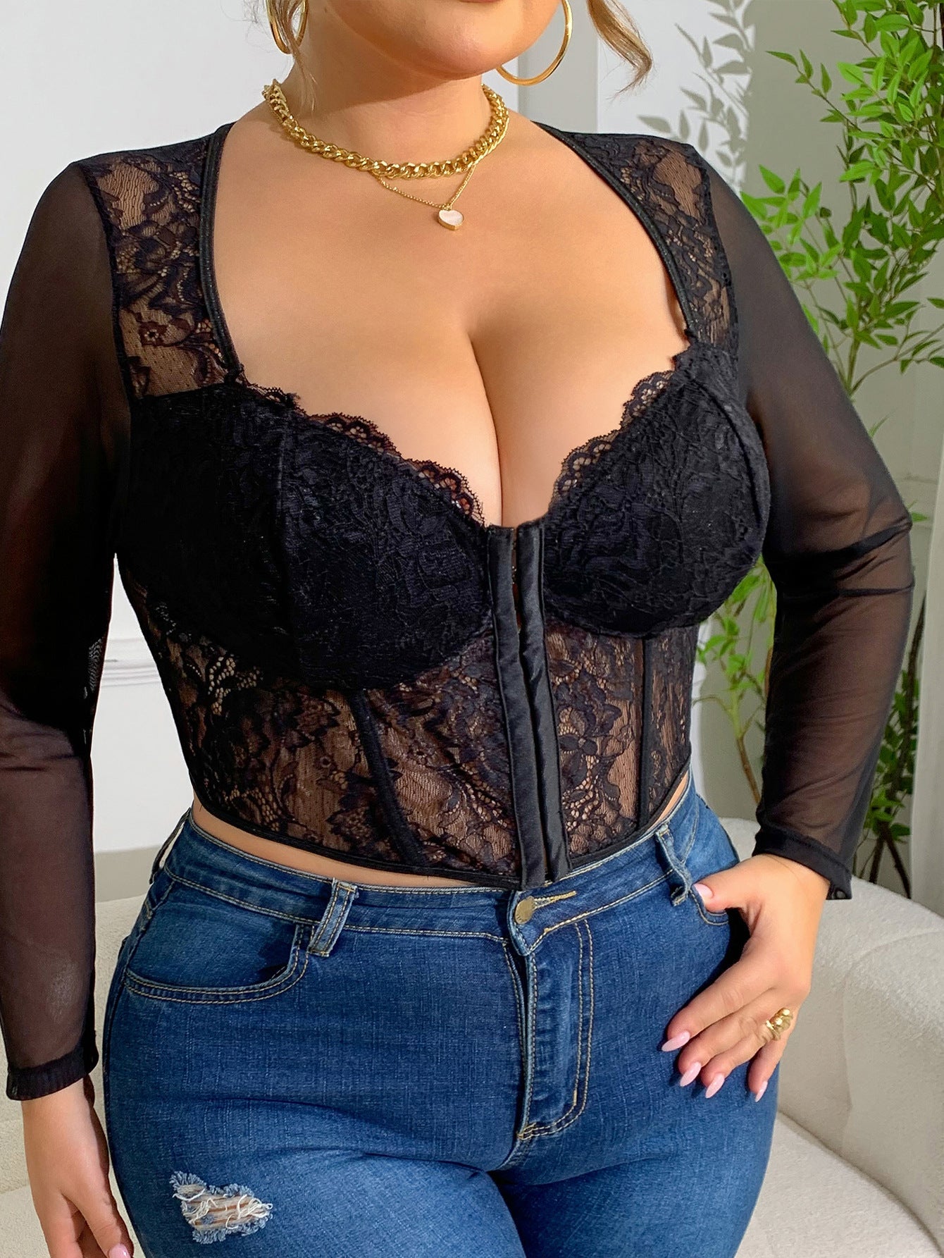 Sheer Lace Plus Size V-Neck Cardigan For Easter