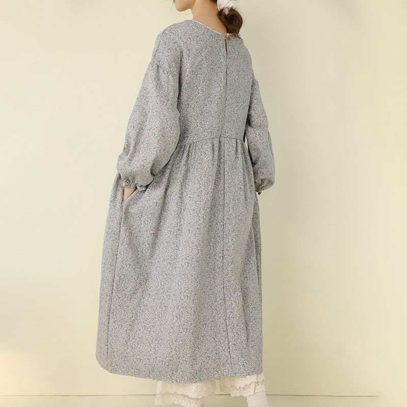 Japanese Style Floral Maxi Dress Casual Long Sleeve