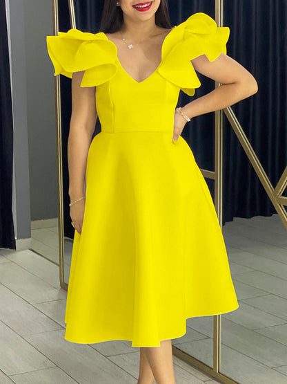 High-Waisted A-Line Dress With Ruffle Sleeves