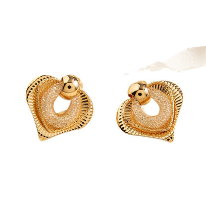 Wrinkled Floral Earrings With Geometric Design And Pearl Accents