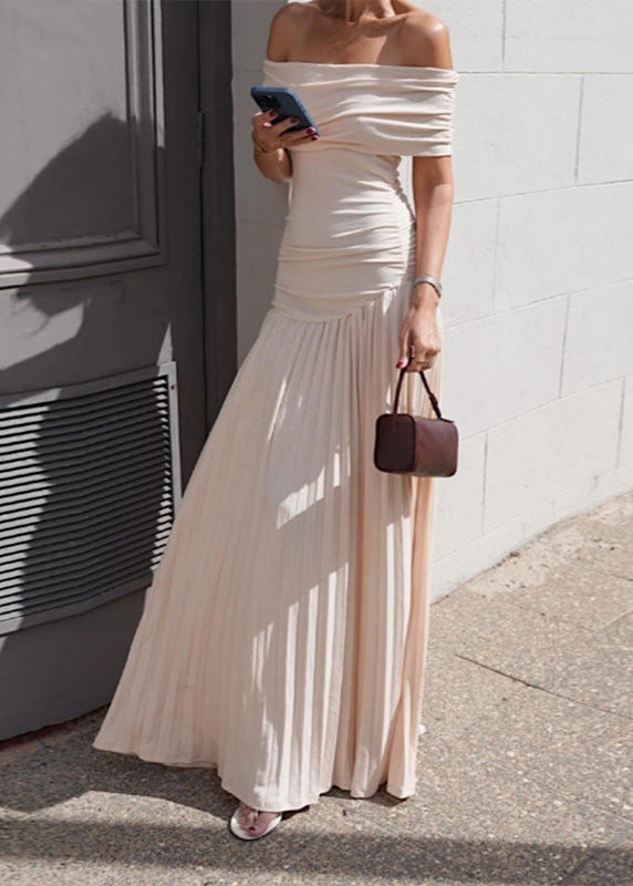 Off Shoulder Pleated Maxi Dress In Apricot
