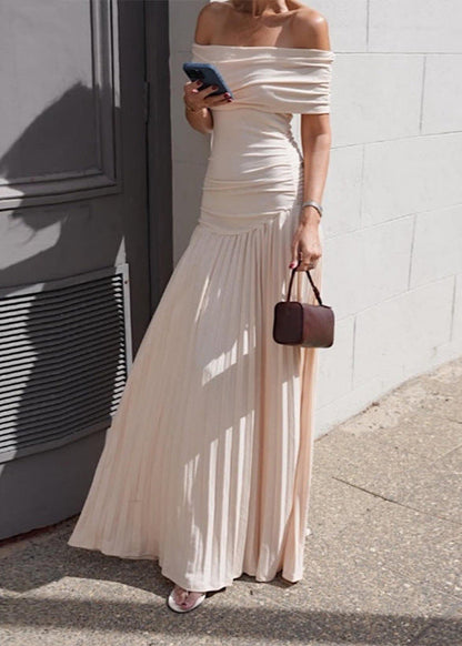 Off Shoulder Pleated Maxi Dress In Apricot