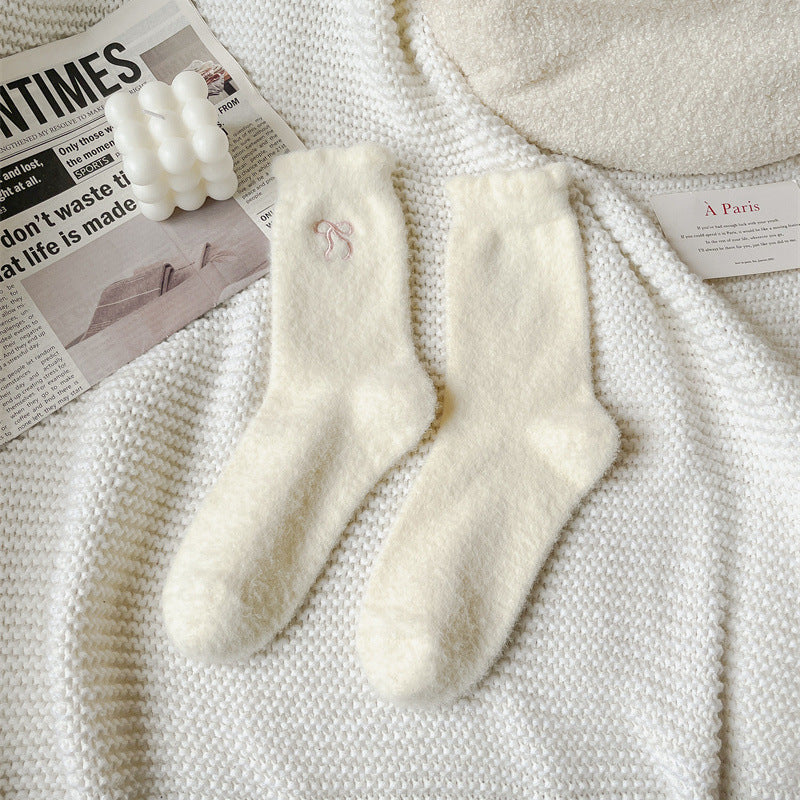 Winter Plush Solid Color Bow Embroidery Crew Socks