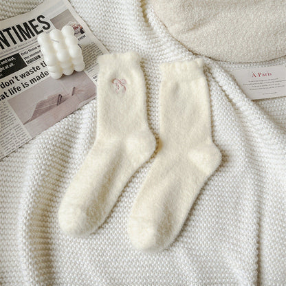 Winter Plush Solid Color Bow Embroidery Crew Socks