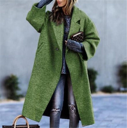 Classic Long Solid Color Wool Blend Coat For Women