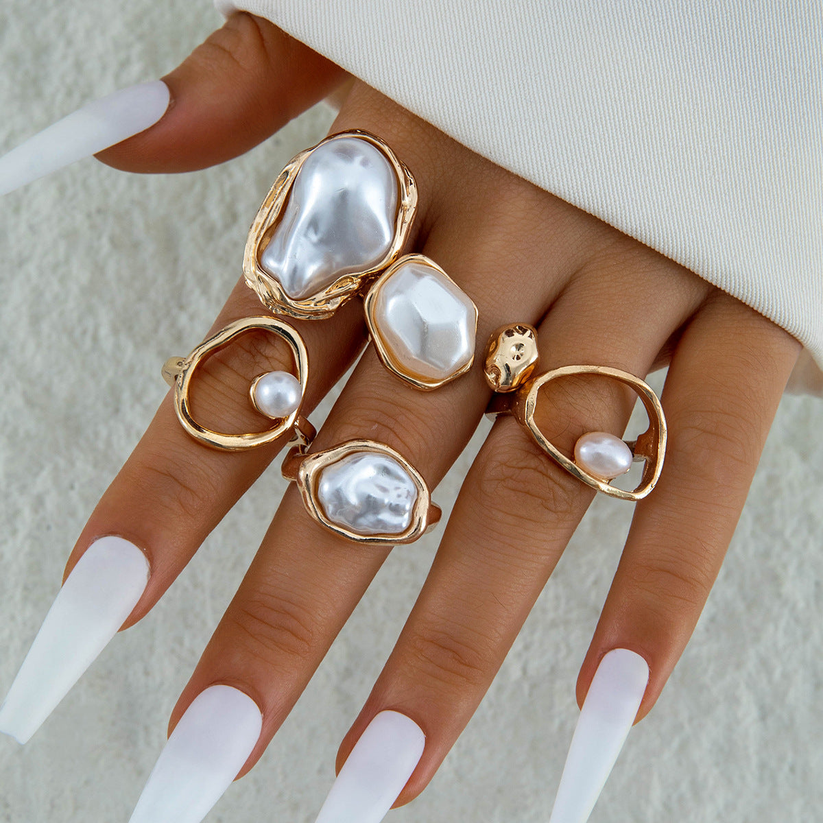 Stylish Geometric Pearl Ring Set Alloy Adjustable Fashion Ring
