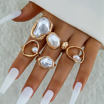 Stylish Geometric Pearl Ring Set Alloy Adjustable Fashion Ring