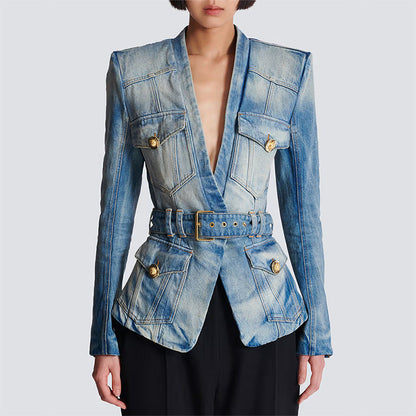 Water-Washed Denim Blazer with Slim Fit