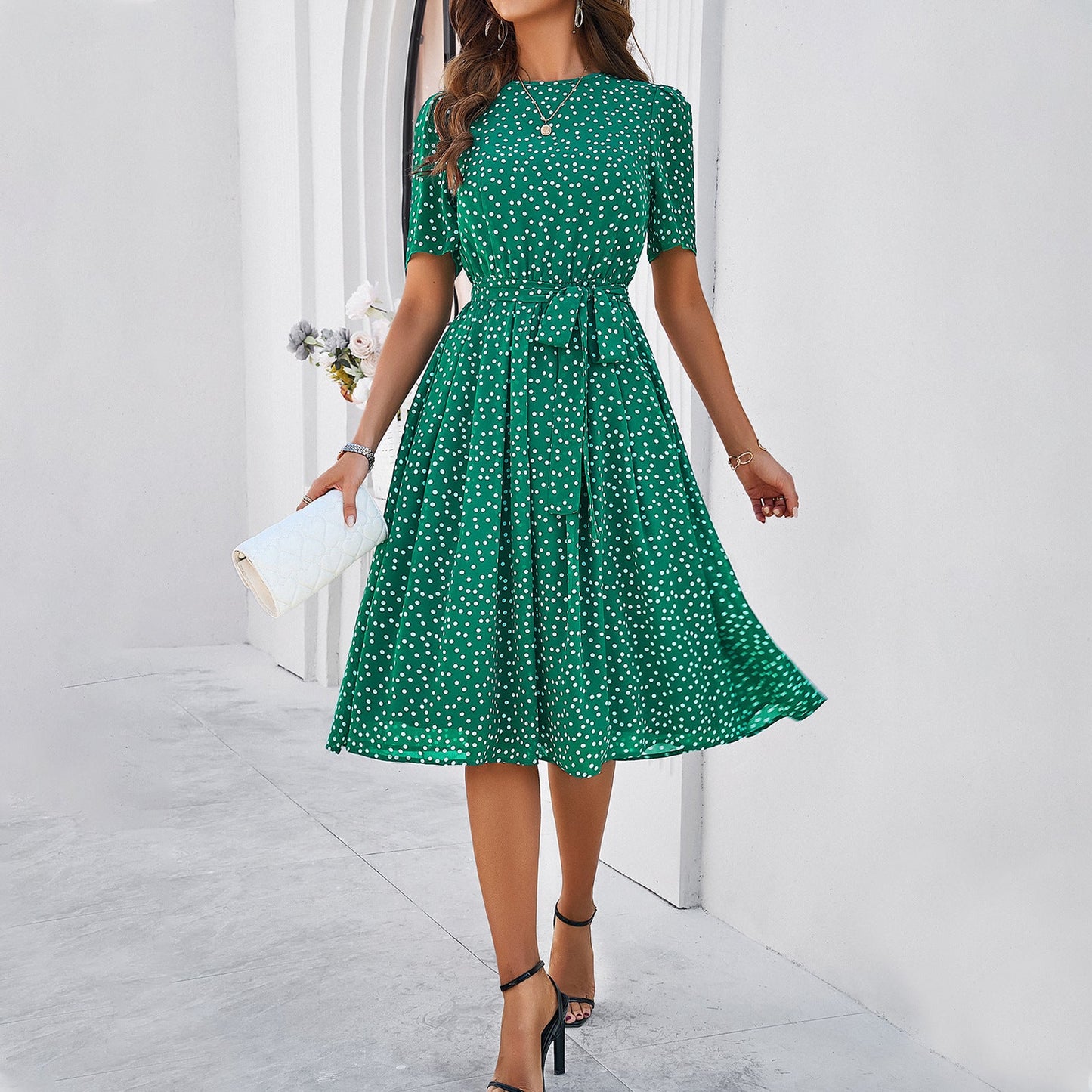 Polka Dot Tie Waist Long Dress Elegant Casual Dress