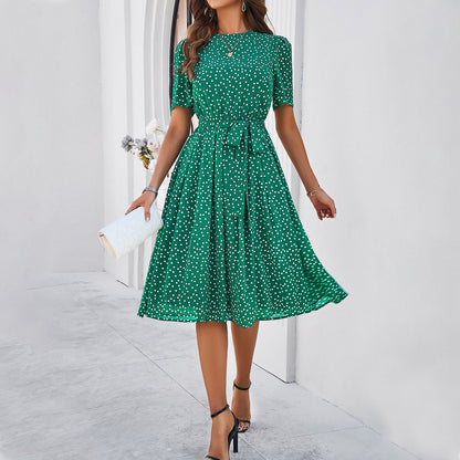Polka Dot Tie Waist Long Dress Elegant Casual Dress