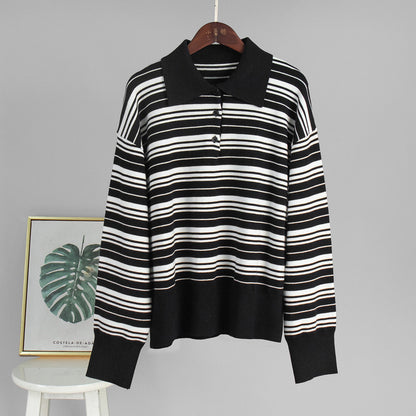 Striped Polo Collar Knitted T-Shirt Casual Retro Style