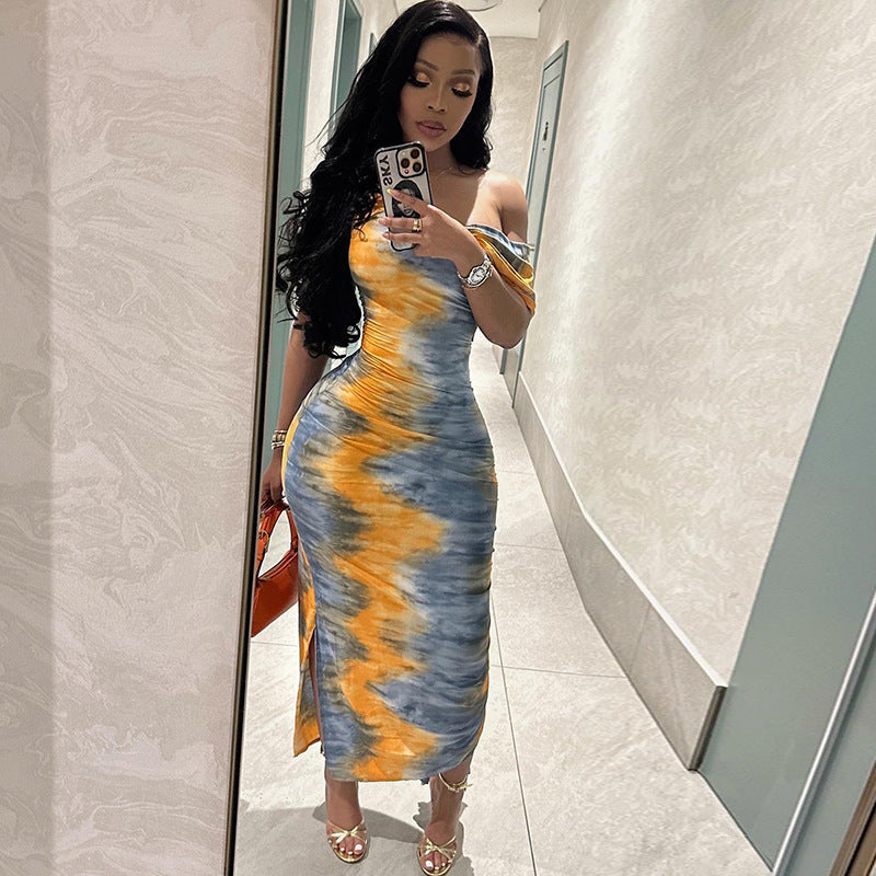 Bodycon Dress With Asymmetrical Neckline Printed Mid-Length Dress