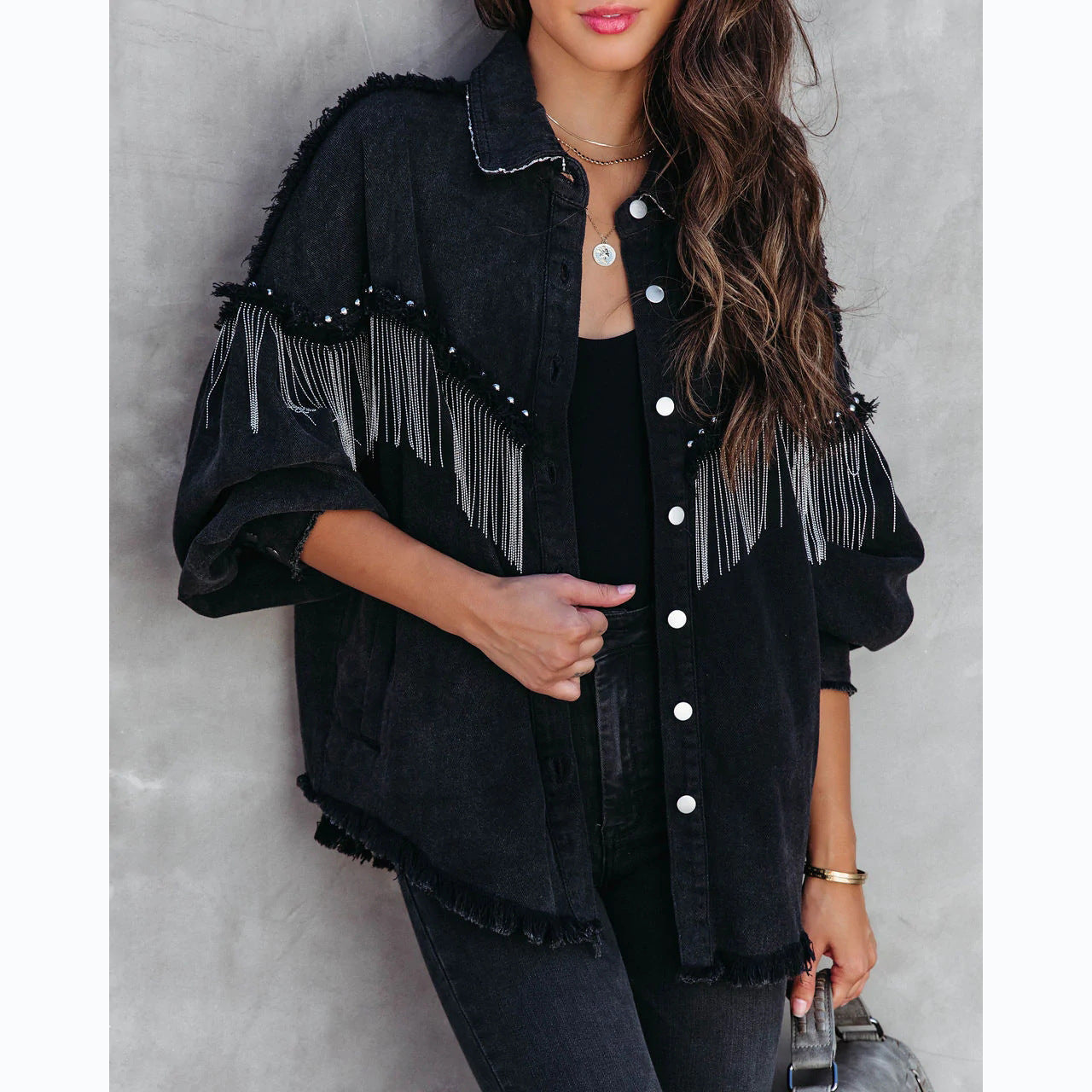Street Fashion Studded Denim Jacket with Chain - Trendy Casual Outerwear