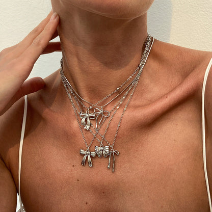 Trendy Ins Metal Ribbon Bow Necklace With Pearl Heart Pendant