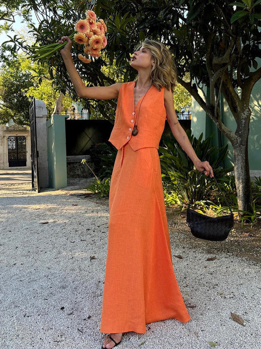 Linen-Cotton Maxi Vest and Skirt Set for Women