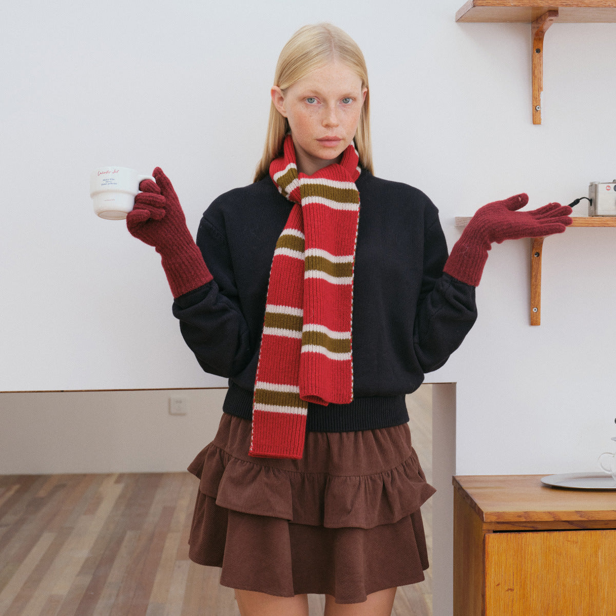 Striped Knit Wool Scarf for Women Casual Soft Neck Warmer