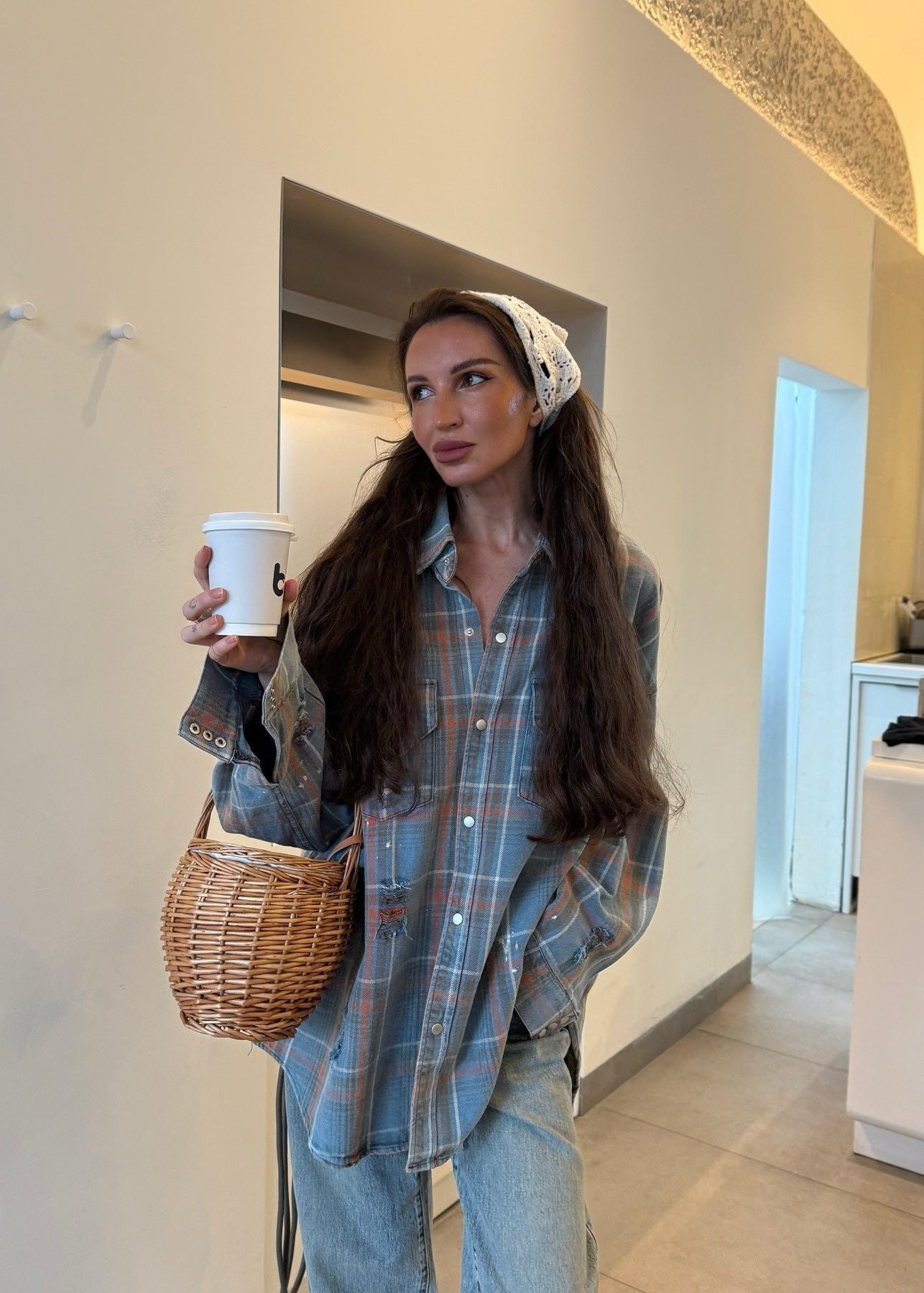 Oversized Plaid Button Up Shirt Polyester Flannel