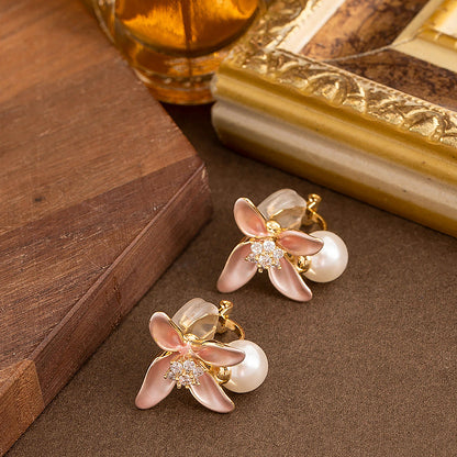 Dopamine Pink Enamel Flower Clip-On Earrings With Pearls