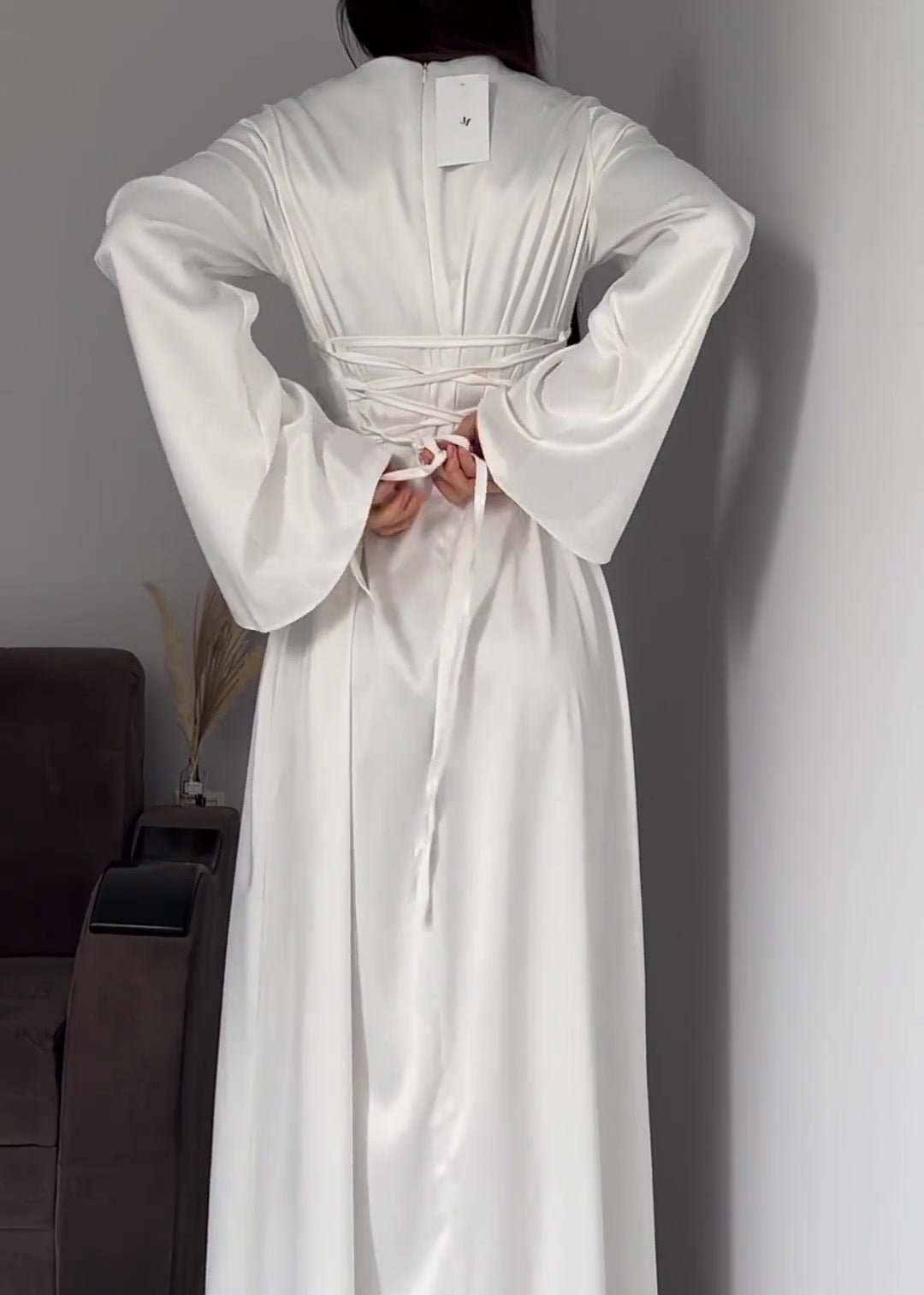 Satin Long Sleeve Maxi Dress With Lace Up Back