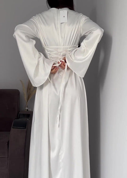 Satin Long Sleeve Maxi Dress With Lace Up Back
