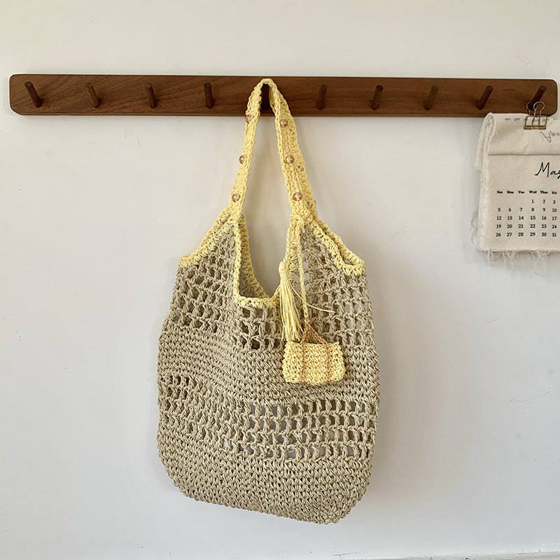 Trendy Woven Straw Shoulder Bag Casual Chic Handheld Purse