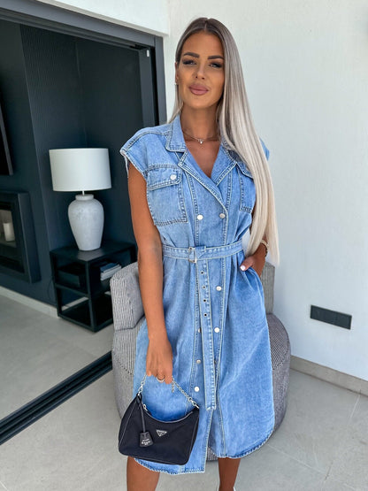 Casual Sleeveless Denim Dress with Polo Collar and Waist Tie