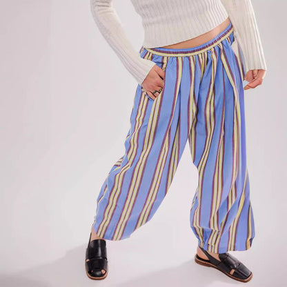 Casual Elastic Waist Color Block Striped  Pants
