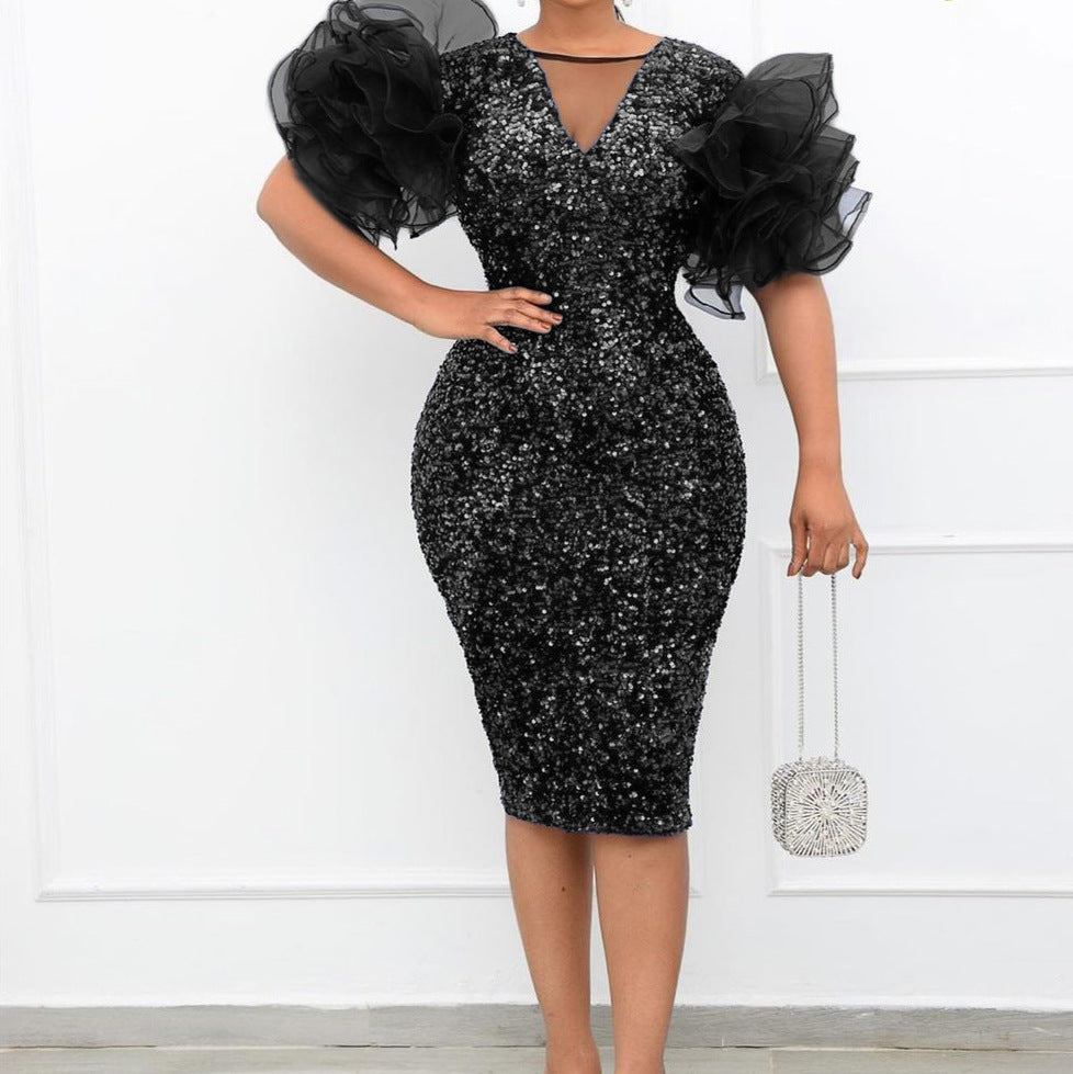 New Velvet Sequin Mesh Stitching Package Hip Dress Skirt Dress