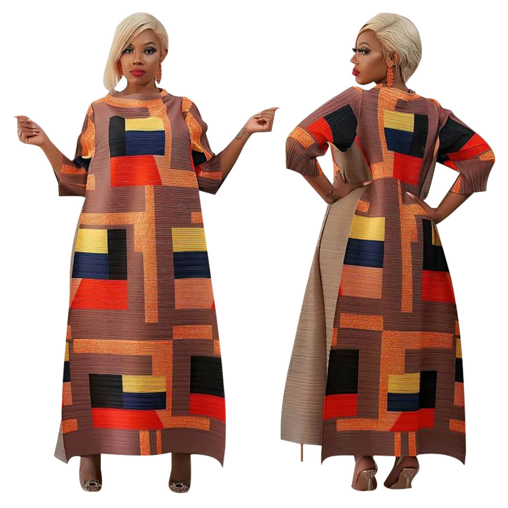 Fashionable Pleated Dress With Round Neck Print