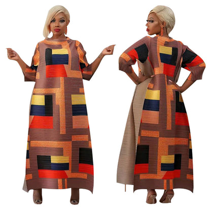 Fashionable Pleated Dress With Round Neck Print