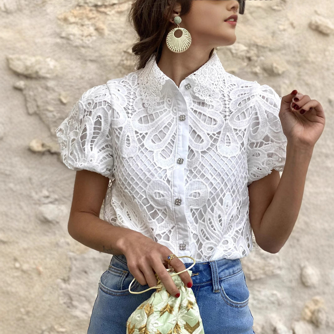 Lace Trim Cardigan Blouse with Puff Sleeves