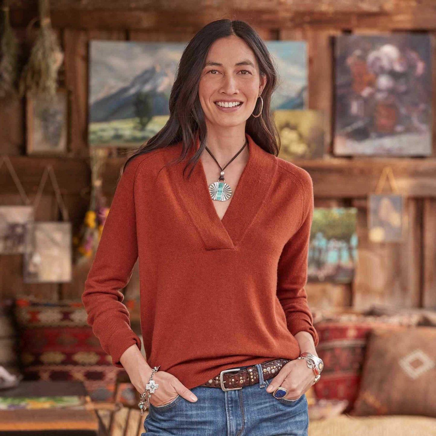 V-Neck Pullover Solid Color Loose Long-Sleeved Top