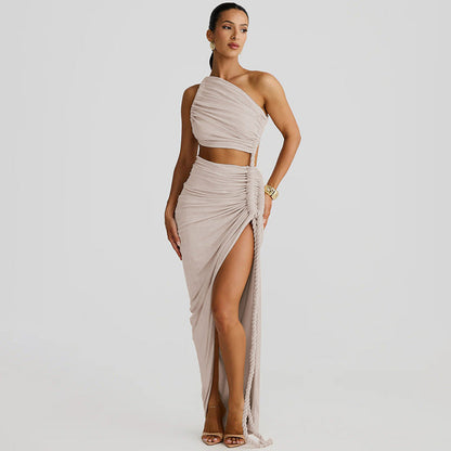 Trendy One-Shoulder Lace-Up Backless Maxi Dress