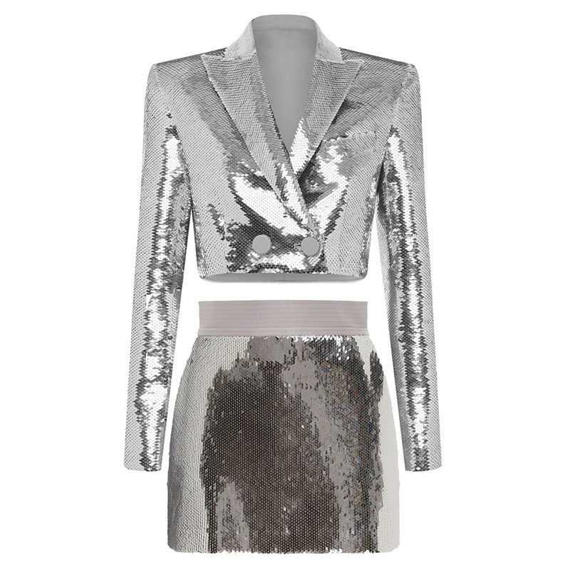 Bling Bling Sequined Short Skirt Suit Set