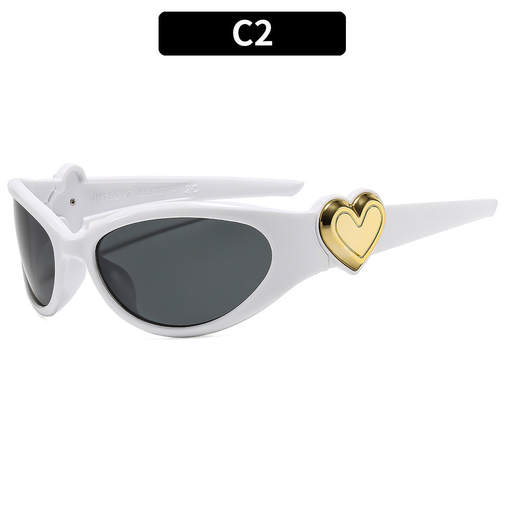 Trendy Oval Frame Sunglasses with Pink Heart Decoration