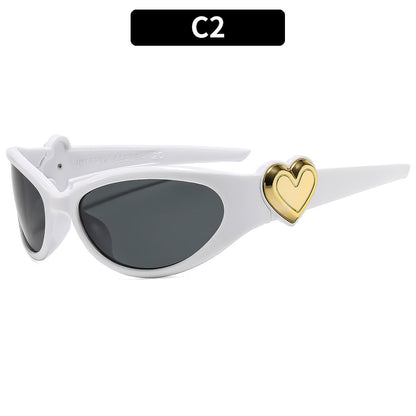 Trendy Oval Frame Sunglasses with Pink Heart Decoration