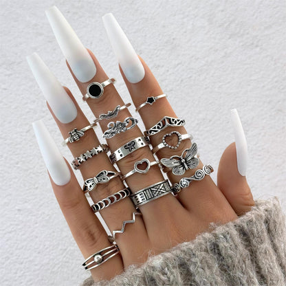 Vintage Geometric Ring Set With Black Stone