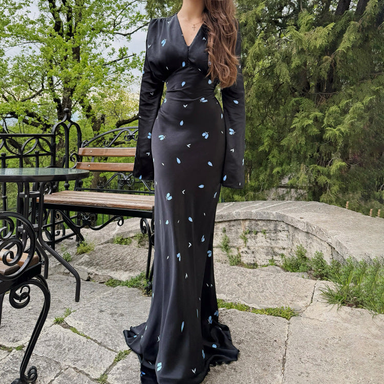 Elegant Floral Print Satin Maxi Dress with V-Neck and Long Sleeves