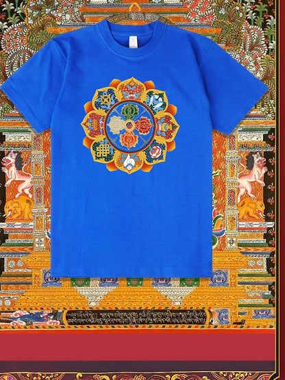 Diamond Pestle Babao New Printed Pure Cotton Mantra Wheel T-Shirt Top, Buddhist Men'S And Women'S High-End Clothing