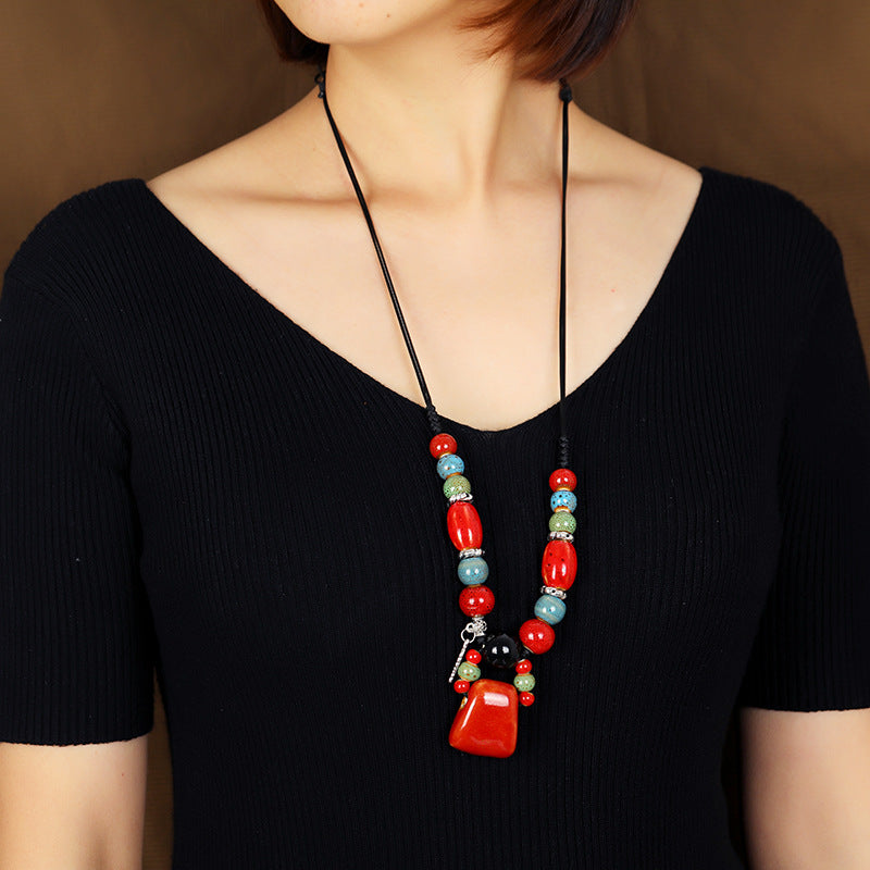 Retro Ethnic Style Ceramic Necklace For Women'S Simple Collar Chain Versatile Red Pendant Long Sweater Chain Pendant Accessories