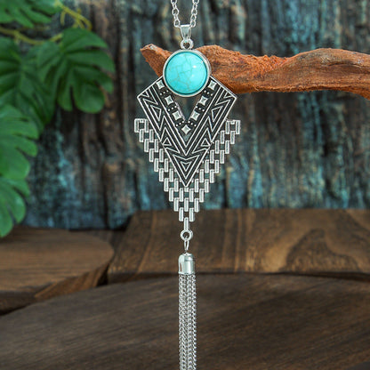 Retro Ethnic Long Pendant Necklace and Earring Set with Turquoise Accents