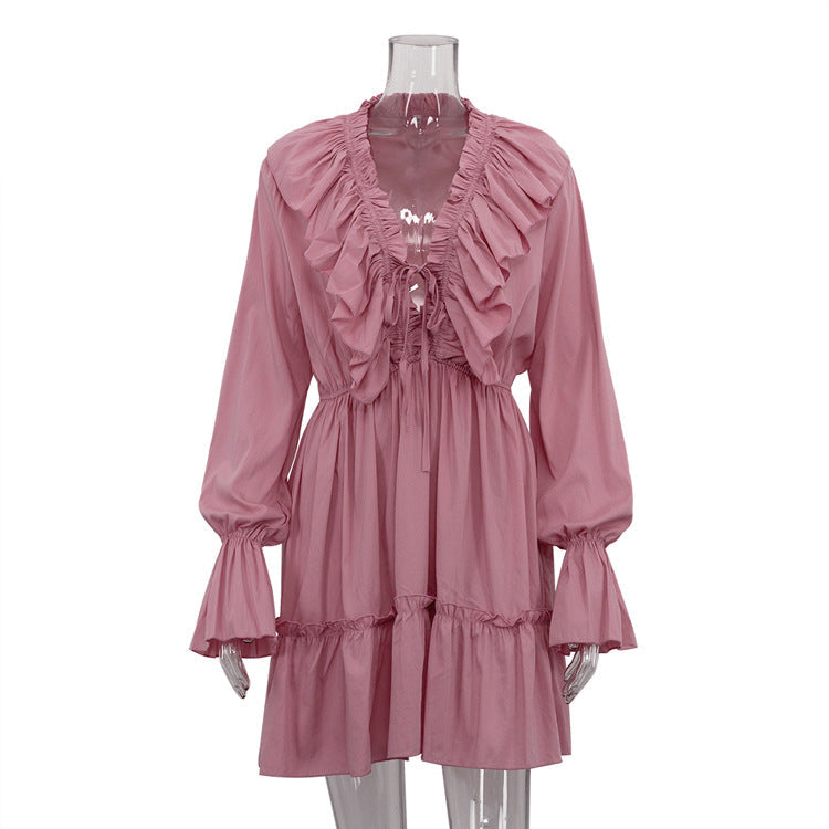 V-Neck Ruffle Sleeve White Dress Trendy Casual Dress