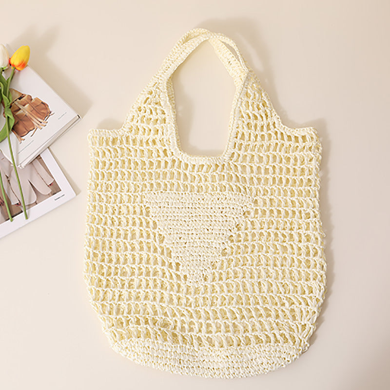 Solid Color Hollow Out Woven Handbag
