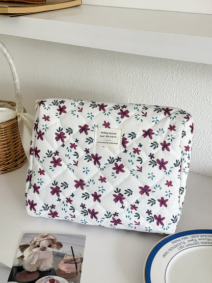 Burgundy Floral Corduroy Makeup Bag Large Capacity Travel Organizer