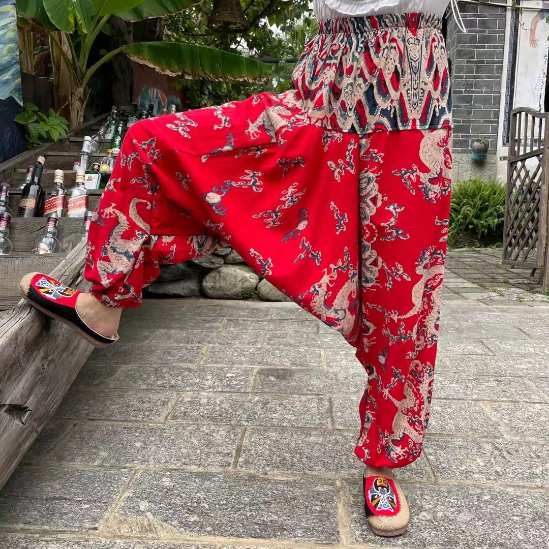 Ethnic Style Summer Men'S And Women'S Same Large Crotch Pants Cotton And Linen Printed Casual Lantern Trousers