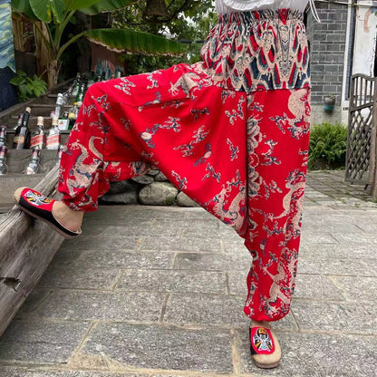 Ethnic Style Summer Men'S And Women'S Same Large Crotch Pants Cotton And Linen Printed Casual Lantern Trousers