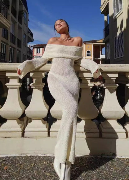 Off Shoulder Shimmer Knit Maxi Dress White