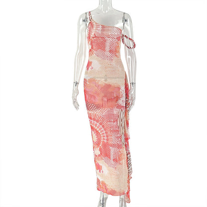 Trendy Floral Bodycon Dress With Asymmetrical Neckline